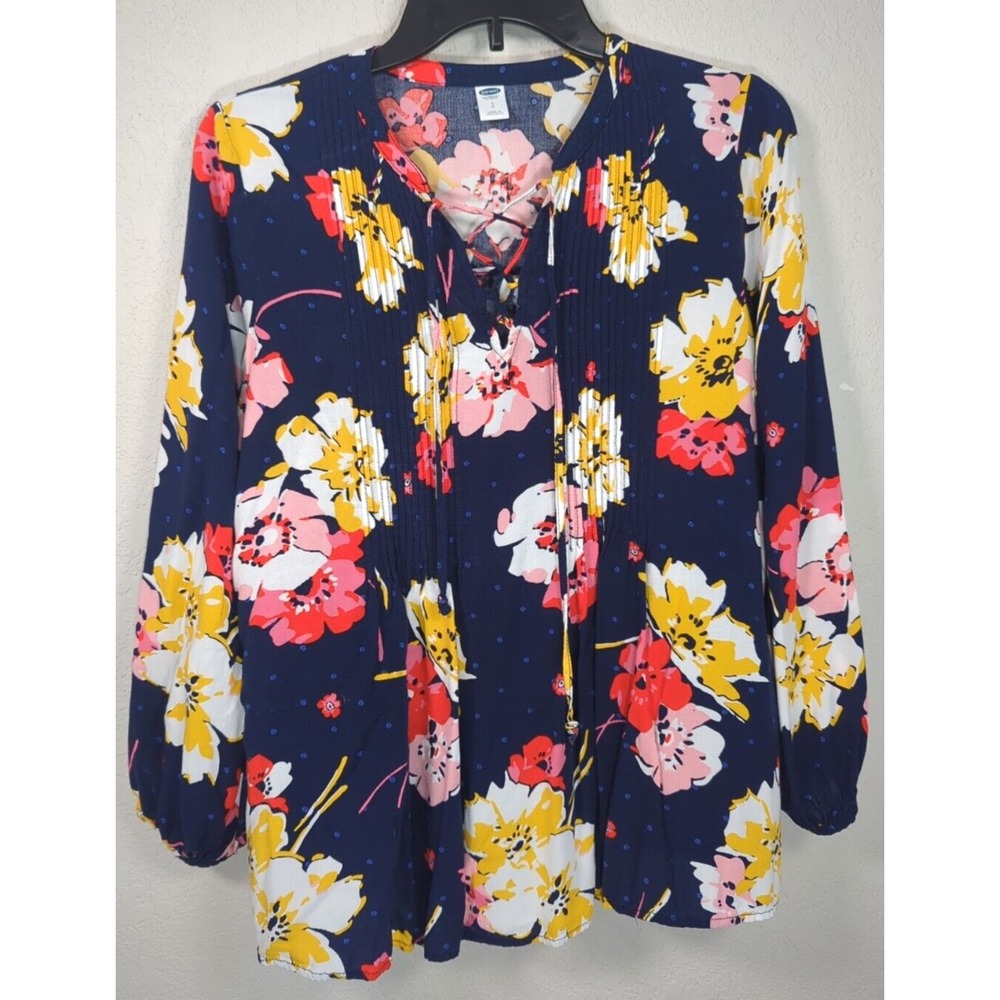 Old Navy Boho Top Blouse Blue Floral Pintuck Lace Up 3/4 Sleeve Size Small